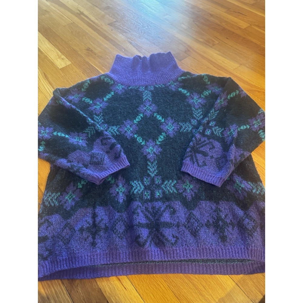 Vintage Benetton Purple Fair Isle Nordic Turtleneck Sweater Mohair Blend XL‎